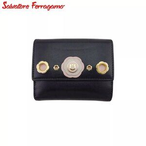 Salvatore Ferragamo W Hook Wallet Flower Motif Pink Leather Auth Used